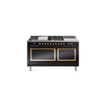 ILVE UN60FSQNMPBKGLP Nostalgie II Noblesse 60" Dual Fuel Range      (7 Sealed Burners + Griddle + French Top, Liquid Propane, Solid Door, Glossy Black, Brass)