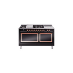 ILVE UN60FSQNMPBKPLP Nostalgie II Noblesse 60" Dual Fuel Range      (7 Sealed Burners + Griddle + French Top, Liquid Propane, Solid Door, Glossy Black, Copper)