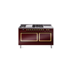 ILVE UN60FSQNMPBUGLP Nostalgie II Noblesse 60" Dual Fuel Range      (7 Sealed Burners + Griddle + French Top, Liquid Propane, Solid Door, Burgundy, Brass)