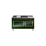 ILVE UN60FSQNMPEGGLP Nostalgie II Noblesse 60" Dual Fuel Range      (7 Sealed Burners + Griddle + French Top, Liquid Propane, Solid Door, Emerald Green, Brass)