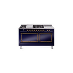 ILVE UN60FSQNMPMBBLP Nostalgie II Noblesse 60" Dual Fuel Range      (7 Sealed Burners + Griddle + French Top, Liquid Propane, Solid Door, Midnight Blue, Burnished)