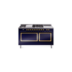 ILVE UN60FSQNMPMBGLP Nostalgie II Noblesse 60 inch Dual Fuel Range   (7 Sealed Burners + Griddle + French Top, Liquid Propane, Solid Door, Midnight Blue, Brass)