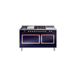 ILVE UN60FSQNMPMBPLP Nostalgie II Noblesse 60" Dual Fuel Range      (7 Sealed Burners + Griddle + French Top, Liquid Propane, Solid Door, Midnight Blue, Copper)