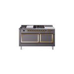 ILVE UN60FSQNMPMGGLP Nostalgie II Noblesse 60" Dual Fuel Range      (7 Sealed Burners + Griddle + French Top, Liquid Propane, Solid Door, Graphite Matte, Brass)