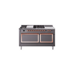 ILVE UN60FSQNMPMGPLP Nostalgie II Noblesse 60" Dual Fuel Range      (7 Sealed Burners + Griddle + French Top, Liquid Propane, Solid Door, Graphite Matte, Copper)