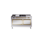 ILVE UN60FSQNMPSSG Nostalgie II Noblesse 60" Dual Fuel Range      (7 Sealed Burners + Griddle + French Top, Natural Gas, Solid Door, Stainless Steel, Brass)