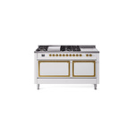 ILVE UN60FSQNMPWHGLP Nostalgie II Noblesse 60" Dual Fuel Range      (7 Sealed Burners + Griddle + French Top, Liquid Propane, Solid Door, White, Brass)