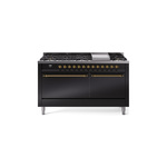 ILVE UP60FQNMPBKGLP Nostalgie II 60 inch Dual Fuel Range (9 Sealed Burners + Griddle, Liquid Propane, Solid Door, Glossy Black, Brass)