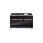 ILVE UP60FQNMPBKPLP Nostalgie II 60 inch Dual Fuel Range (9 Sealed Burners + Griddle, Liquid Propane, Solid Door, Glossy Black, Copper)