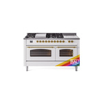 ILVE UP60FSNMPRAGLP Nostalgie II 60 inch Dual Fuel Range (7 Sealed Burners + Griddle + French Top, Liquid Propane, Triple Glass Door, RAL, Brass)