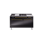 ILVE UP60FSQNMPBKGLP Nostalgie II 60 inch Dual Fuel Range (7 Sealed Burners + Griddle + French Top, Liquid Propane, Solid Door, Glossy Black, Brass)