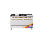 ILVE UP60FSQNMPRAG Nostalgie II 60 inch Dual Fuel Range (7 Sealed Burners + Griddle + French Top, Natural Gas, Solid Door, RAL, Brass)