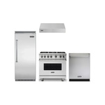 Viking 4-Piece Kitchen Package with VGR5366BSS 36″ Gas Range, VWH3610SS 36″ Wall Hood, VDWU524SS 24″ Dishwasher and VCRB5303RSS 30″ Refrigerator