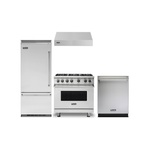 Viking 4-Piece Kitchen Package with VGR5364GSS 36″ Gas Range, VWH536121SS 36″ Wall Hood, VDWU524SS 24″ Dishwasher and VCBB5363ERSS 36″ Refrigerator