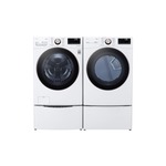 LG Front Load Laundry Pair with WM4000HWA 27" Smart Front Load Washer, DLEX4000W 27" Electric Smart Dryer and WDP6W Tall Pedestal with Drawer in White