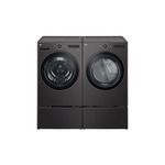 LG Front Load Laundry Pair with WM6500HBA 27" Front Load Smart Washer, DLEX6500B 27" Electric Smart Dryer, WDP6B 27" Pedestal Storage Drawer and WD300CB 27" SideKick Pedestal in Black Steel