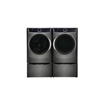 Electrolux Front Load Laundry Pair with ELFW7637AT 27" Front Load Washer, ELFG7637AT 27" Gas Dryer and EPWD257UTT 27" Pedestal in Titanium