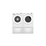 Whirlpool Front Load Laundry Pair with WFW4720RW 27 inch Front Load Washer, WGD4720RW 27 inch Smart Gas Dryer and WFP2715HW 15.5 inch Pedestal in White