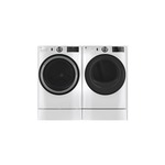 GE Front Load Laundry Pair with GFW550SSNWW 28 inch Smart Front Load Washer, GFD55GSSNWW 28 inch Gas Smart Dryer and GFR0728SNWW 28 inch Right Height Riser in White