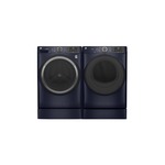 GE Front Load Laundry Pair with GFW550SPRRS 28 inch Smart Front Load Washer, PFD87GSPVRS 28 inch Front Load Smart Gas Dryer and GFR0728PNRS 28 inch Right Height Riser in Sapphire Blue