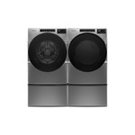 Whirlpool Front Load Laundry Pair with WFW5605MC 27" Front Load Washer, WGD5605MC 27" Gas Dryer and WFP2715HC 15.5" Pedestal in Chrome Shadow