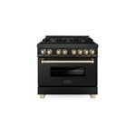 ZLINE RABZ36G 36" Autograph Edition Dual Fuel Range with 6 Italian Brass Burners, 4.6 cu. ft. Oven Capacity, Stay-Put Hinges and Cast-Iron Grates in Black Stainless Steel (Gold)