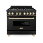 ZLINE RABZ36G 36 inch Autograph Edition Dual Fuel Range with 6 Italian Brass Burners, 4.6 cu. ft. Oven Capacity, Stay-Put Hinges and Cast-Iron Grates in Black Stainless Steel (Gold)