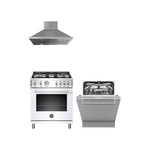 Bertazzoni 3-Piece Kitchen Package with Professional series PROF304GASXT 30-inch Free Standing Gas Range, KCH30XV 30-inch Range Hood and DW24T3IXT 24-inch built in dishwasher