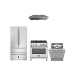 Bertazzoni 4-Piece Kitchen Package with MAS365GASXV 36 inch Gas Range, KCH36XV 36 inch Chimney Hood, DW24T3IXV 24 inch Dishwasher, REF36FDFIXNV 36 inch Refrigerator, HK36MASFDX Handle Kit and HK24MASDWX Handle Kit in Stainless Steel