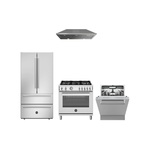 Bertazzoni 4-Piece Kitchen Package with PRO365GASXV 36 inch Gas Range, KCH36XV 36 inch Chimney Hood, DW24T3IXV 24 inch Dishwasher, REF36FDFIXNV 36 inch Refrigerator, HK36PROFDX Handle Kit and HK24PRODWX Handle Kit in Stainless Steel