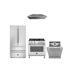 Bertazzoni 4-Piece Kitchen Package with MAS365DFMXV 36 inch Dual Fuel Range, KCH36XV 36 inch Chimney Hood, DW24T3IXV 24 inch Dishwasher, REF36FDFIXNV 36 inch Refrigerator, HK36MASFDX Handle Kit and HK24MASDWX Handle Kit in Stainless Steel