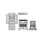 Bertazzoni 4-Piece Kitchen Package with MAS365GASXV 36 inch Gas Range, KIN36XV 36 inch Insert Hood, REF36FDBZPNV24 36 inch French Door Refrigerator and DW24T3IPV 24 inch Dishwasher in Stainless Steel