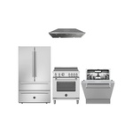 Bertazzoni 4-Piece Kitchen Package with MAS304INMXV 30 inch Induction Range, KCH30XV 30 inch Chimney Hood, DW24T3IXV 24 inch Dishwasher, REF36FDFIXNV 36 inch French Door Refrigerator, HK36MASFDX Handle Kit and HK24MASDWX Handle Kit in Stainless Steel