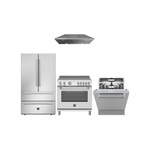 Bertazzoni 4-Piece Kitchen Package with MAS365INMXV 36 inch Induction Range, KCH36XV 36 inch Chimney Hood, DW24T3IXV 24 inch Dishwasher, REF36FDFIXNV 36 inch French Door Refrigerator, HK36MASFDX Handle Kit and HK24MASDWX Handle Kit in Stainless Steel