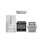 Bertazzoni 4-Piece Kitchen Package with HER366BCFGMNET 36 inch Gas Range, K36HERTX 36 inch Hood, KC36HERTNE 36 inch Range Hood Canopy, DW24T3IXV 24 inch Dishwasher, REF36FDFIXNV 36 inch French Door Refrigerator, HK36PROFDX Handle Kit and HK24PRODWX Handle Kit in Nero Black