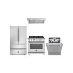 Bertazzoni 4-Piece Kitchen Package with HER366BCFEPXT 36 inch Dual Fuel Range, K36HERTX 36 inch Hood, KC36HERTNE 36 inch Range Hood Canopy, DW24T3IXV 24 inch Dishwasher, REF36FDFIXNV 36 inch French Door Refrigerator, HK36PROFDX Handle Kit and HK24PRODWX Handle Kit in Stainless Steel